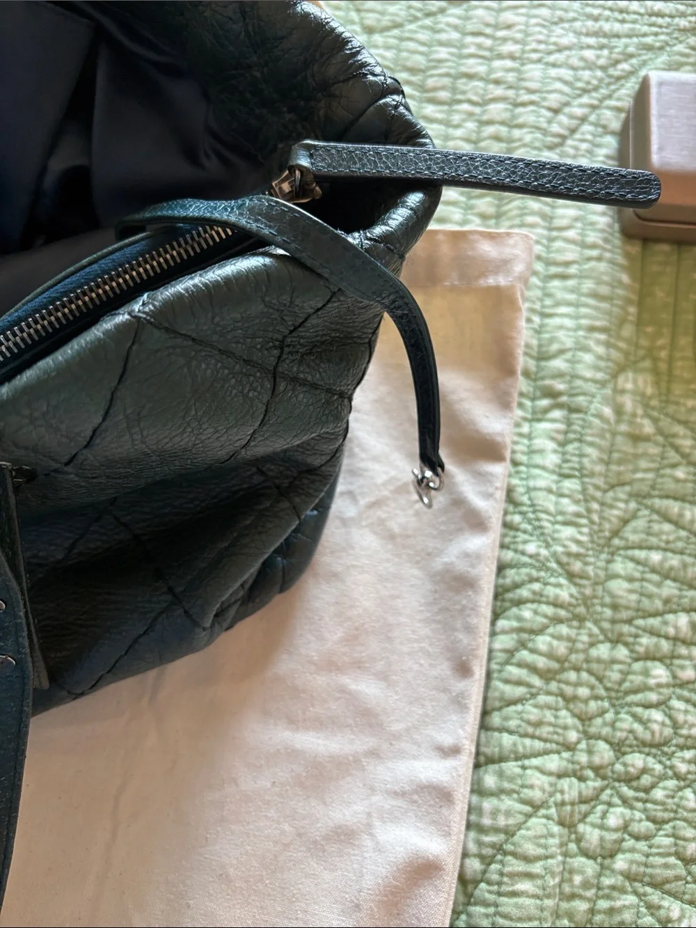 Authentic CHANEL Quilted Leather Tote in Deep Green with Silver Hardware